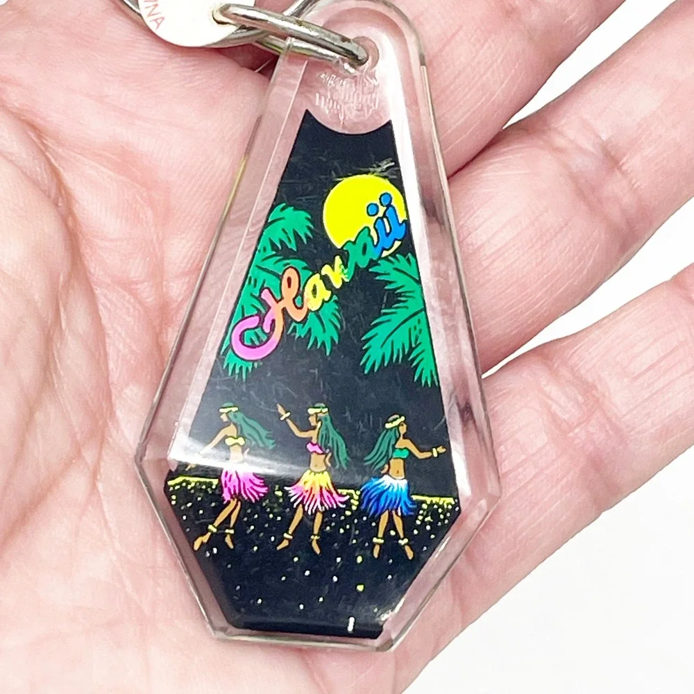 Vintage 80s Hawaii Keychain Black Neon Aloha Hula Dancers Retro Souvenir Plastic